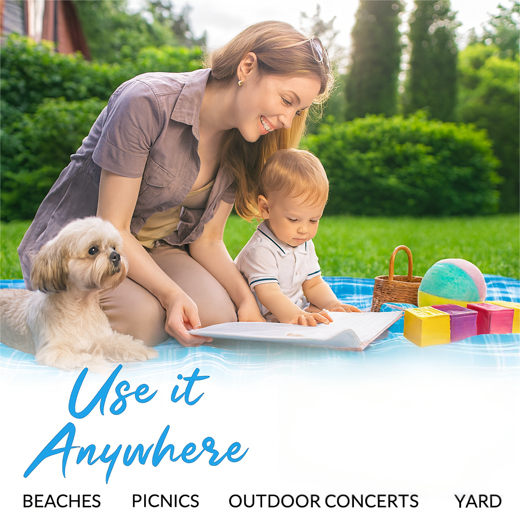 Picnic Blanket Waterproof Backing – Compact Camping Mat Sandproof Extra Large Foldable Rug with Handle for Outdoor Family Summer, Blue Plaid