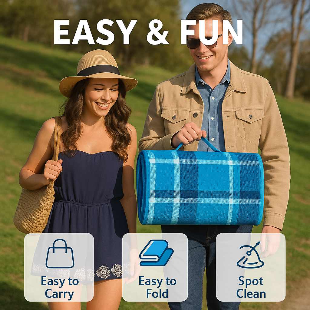 Picnic Blanket Waterproof Backing – Compact Camping Mat Sandproof Extra Large Foldable Rug with Handle for Outdoor Family Summer, Blue Plaid