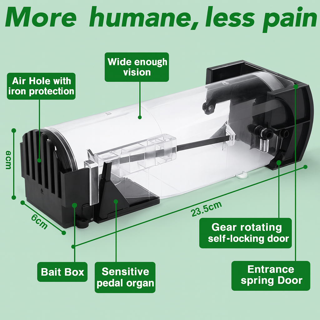 Humane Mouse Traps, Live Capture Mouse Trap for Indoors & Outdoors, Reusable, Easy to Use and Clean, Black and Clear, 23.5cm x 8cm x 8cm, 1 Pack