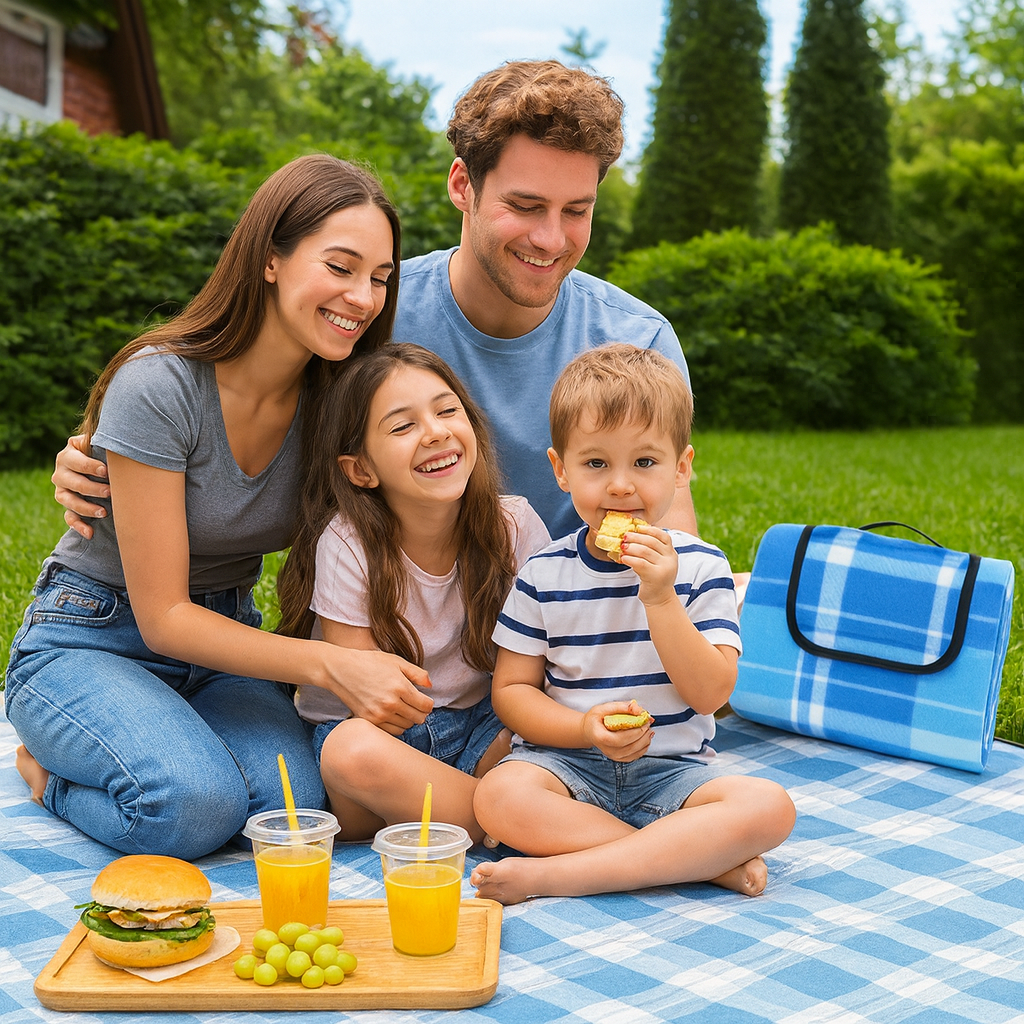 Picnic Blanket Waterproof Backing – Compact Camping Mat Sandproof Extra Large Foldable Rug with Handle for Outdoor Family Summer, Blue Plaid