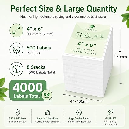 8 Pack 4x6 Shipping Labels (100x150mm), 500 Labels/Stack, Compatible with Zebra GK420D GX420D GK420T & Toshiba TEC B-SV4D B-SV4T, Citizen CLP Series, Eltron TLP2742 – Thermal Address Labels - Printing Saver