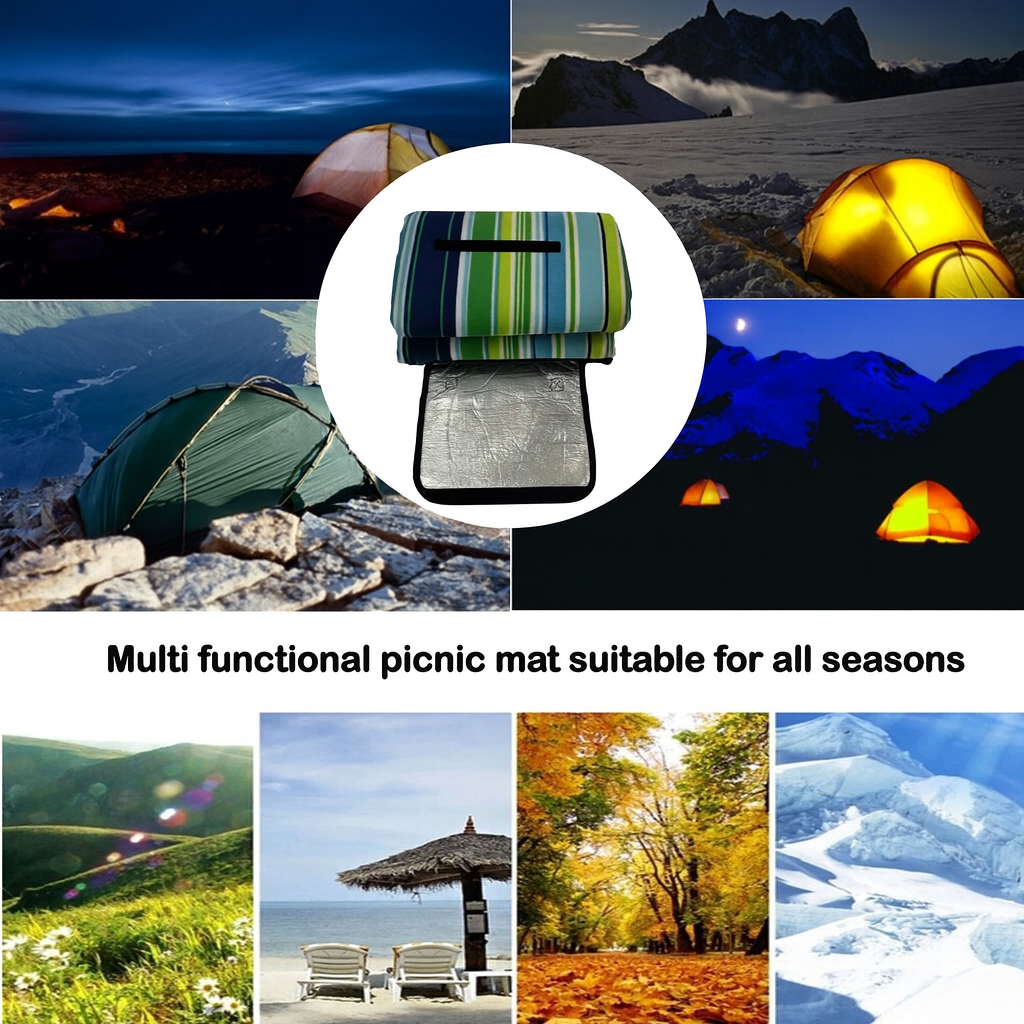 Picnic Blanket Waterproof Backing – Compact Camping Mat Sandproof Extra Large Foldable Rug with Handle for Outdoor Family Summer, Blue Plaid