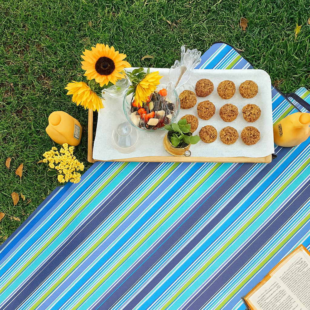 Picnic Blanket Waterproof Backing – Compact Camping Mat Sandproof Extra Large Foldable Rug with Handle for Outdoor Family Summer, Blue Plaid