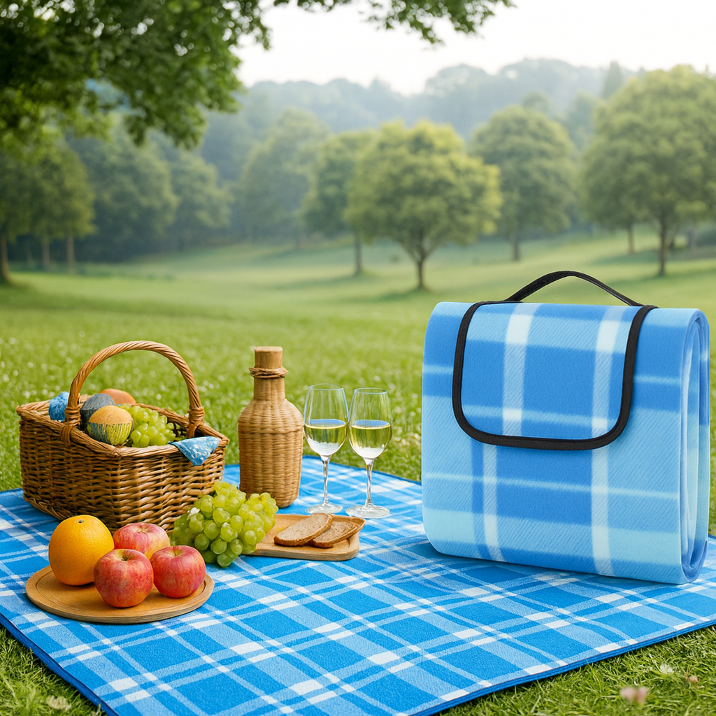 Picnic Blanket Waterproof Backing – Compact Camping Mat Sandproof Extra Large Foldable Rug with Handle for Outdoor Family Summer, Blue Plaid