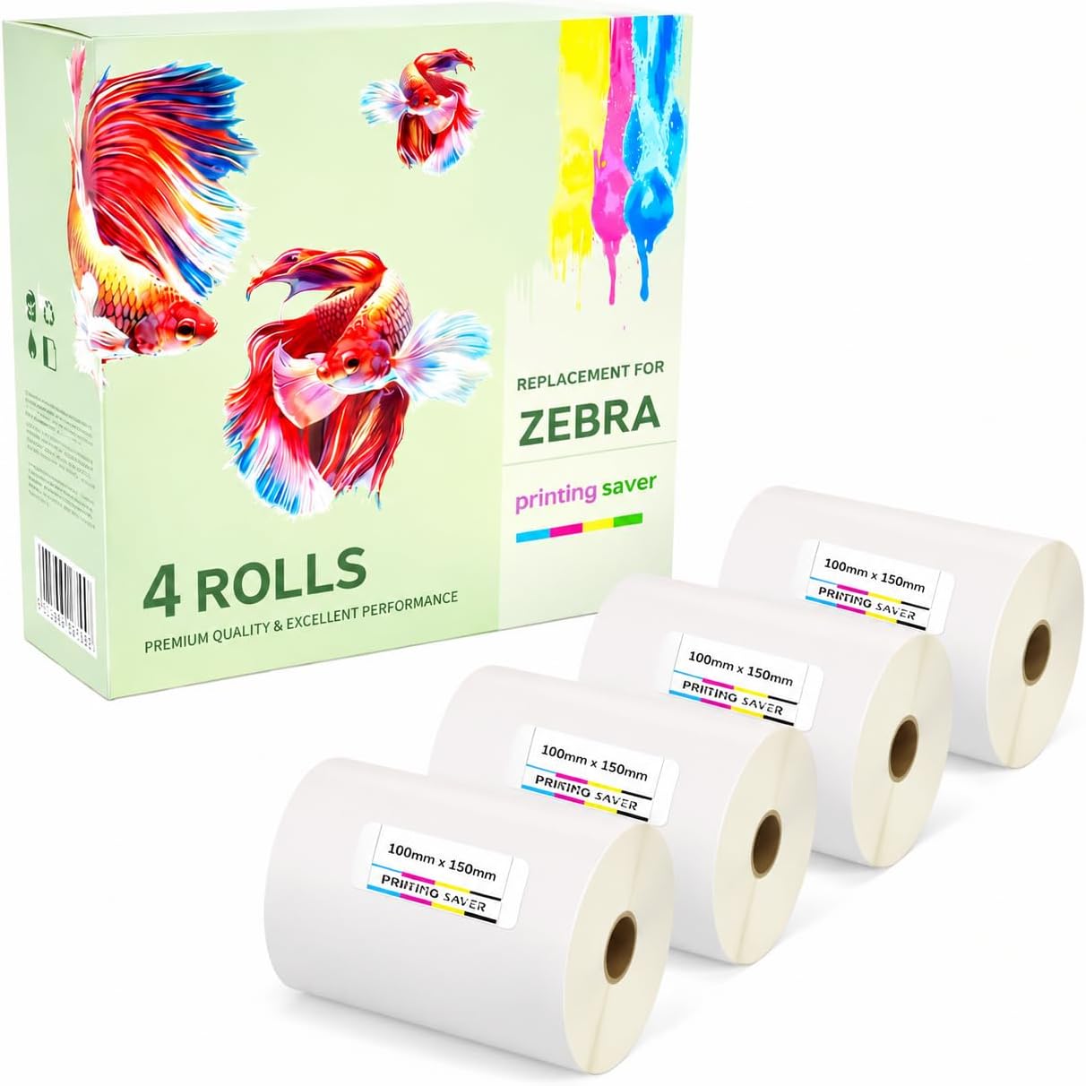 4 Compatible Rolls 100mm x 150mm White Direct Thermal Labels for Zebra GK420d GK420t GC420d GX420d GX420t GC420t GX430t GT800 LP2844 TLP 2844 Citizen CL-S521 CL-S621 CL-S631 (500 Labels per Roll) - Printing Saver