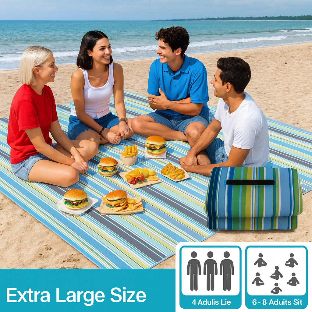 Picnic Blanket Waterproof Backing – Compact Camping Mat Sandproof Extra Large Foldable Rug with Handle for Outdoor Family Summer, Blue Plaid