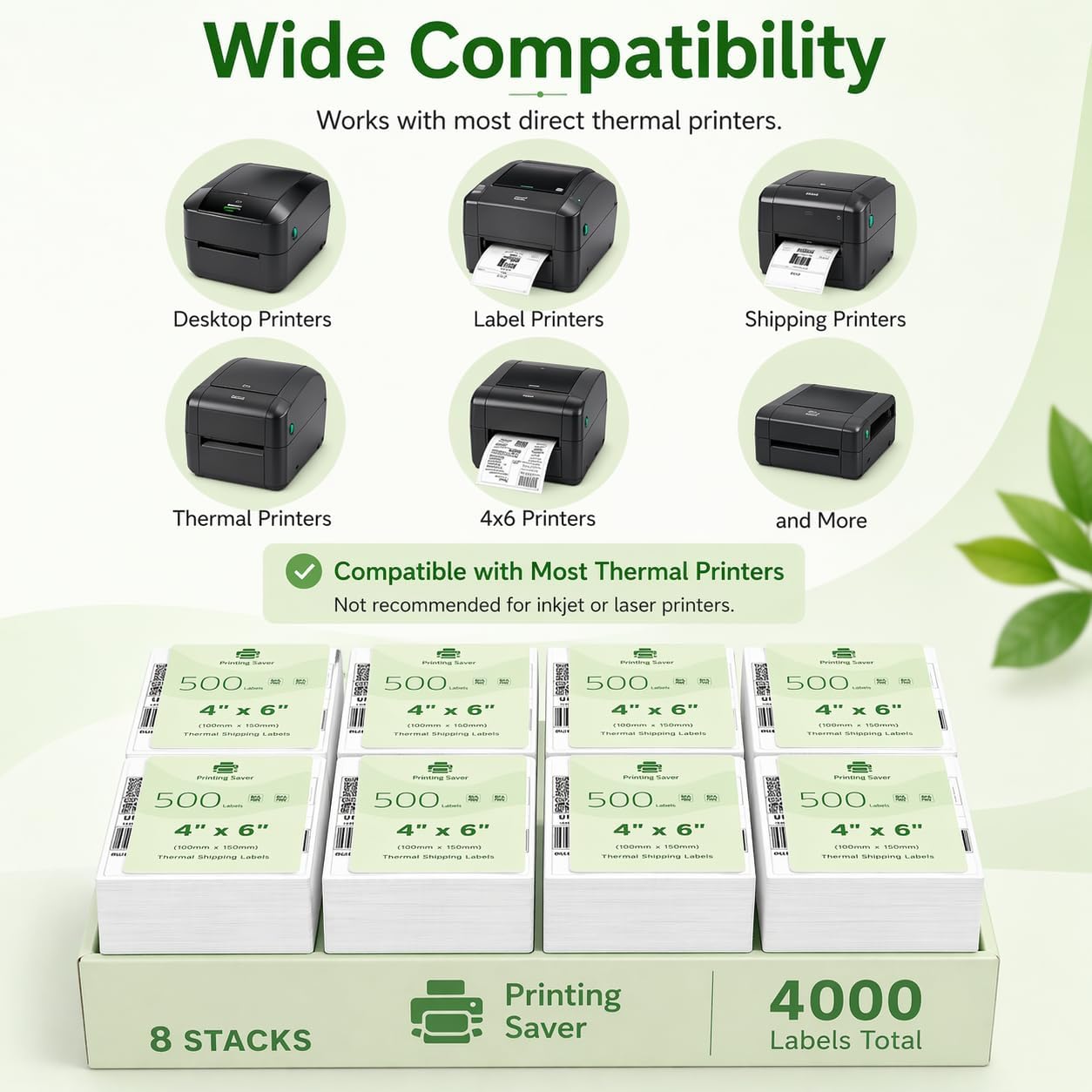 8 Pack 4x6 Shipping Labels (100x150mm), 500 Labels/Stack, Compatible with Zebra GK420D GX420D GK420T & Toshiba TEC B-SV4D B-SV4T, Citizen CLP Series, Eltron TLP2742 – Thermal Address Labels - Printing Saver