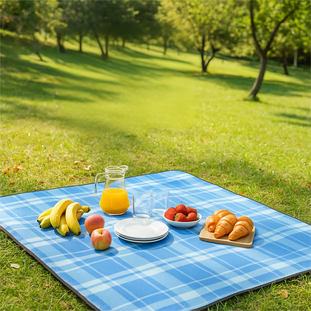 Picnic Blanket Waterproof Backing – Compact Camping Mat Sandproof Extra Large Foldable Rug with Handle for Outdoor Family Summer, Blue Plaid
