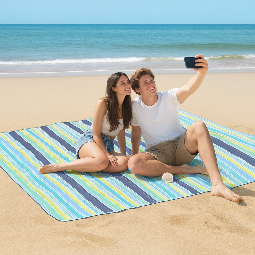 Picnic Blanket Waterproof Backing – Compact Camping Mat Sandproof Extra Large Foldable Rug with Handle for Outdoor Family Summer, Blue Plaid