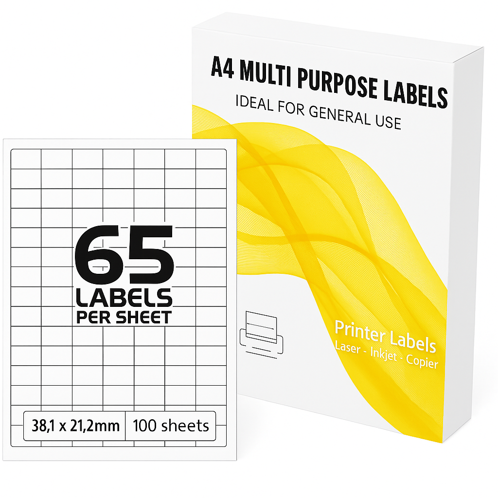 A4 Self Adhesive Address Labels, 65 Labels Per Sheet, 100 Sheets,6,500 Labels,38 x 21.2 mm, Printable Sticky Paper Labels for Office & Home(65 Labels per A4 Sheet)
