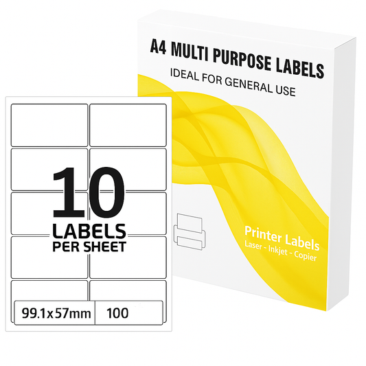 White Matte Address Labels, Self Adhesive Stickers, A4 Sheet, 99.1x57mm, 10 Labels per Sheet, 100 Sheets, for Laser and Inkjet Printing