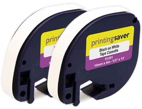 Printing Saver Compatible LetraTag S0721610 S0721660 12mm x 4m Black on White Plastic Label Tape for DYMO LetraTag XM 2000, LT-100H, LT-100T - Printing Saver