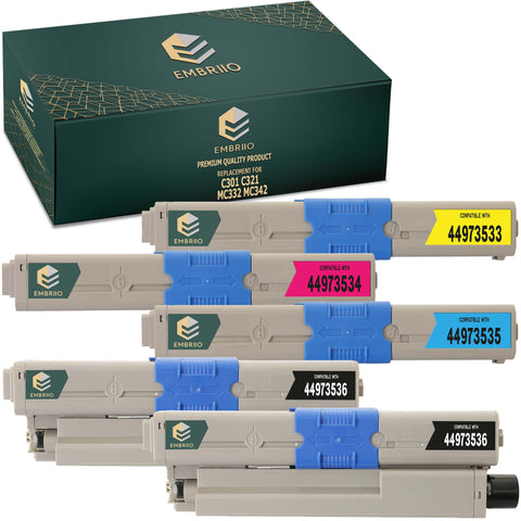 EMBRIIO Set of 5 Compatible Toner Cartridges Replacement for Oki C301 C301dn MC342 C321 C321dn MC342dn MC332 MC332dn MC342dnw