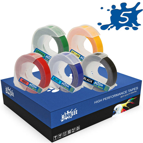 RINKLEE White on Black/Red/Blue/Green/Yellow 3D Embossing Label Tape Compatible with DYMO Omega & Junior Embossers | 9mm x 3m | 5-Pack