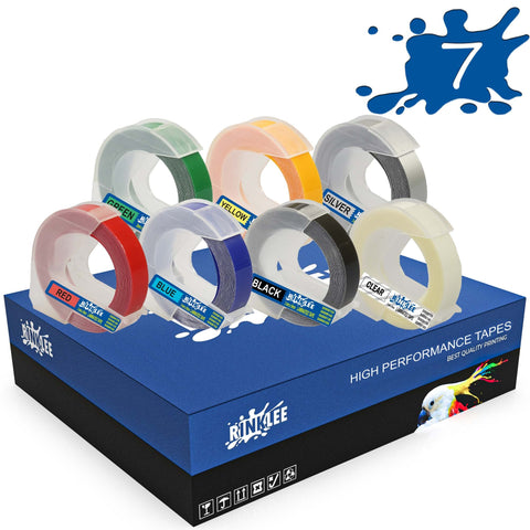 RINKLEE White on Black/Red/Blue/Green/Yellow/Clear/Silver 3D Embossing Label Tape Compatible with DYMO Omega & Junior Embossers | 9mm x 3m | 7-Pack